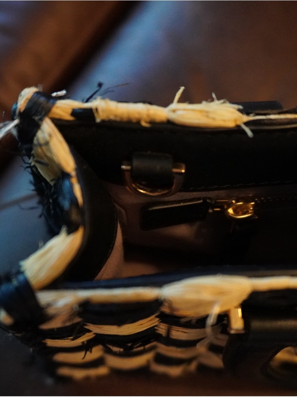 Tory Burch Black and Natural Woven Logo  Tote - Picture 7 of 8